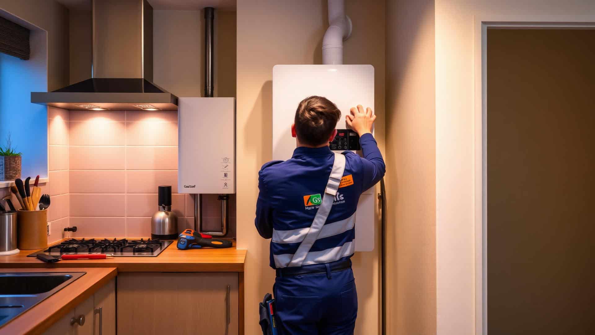 Gas Safe engineer fitting a new boiler in a Yorkshire kitchen